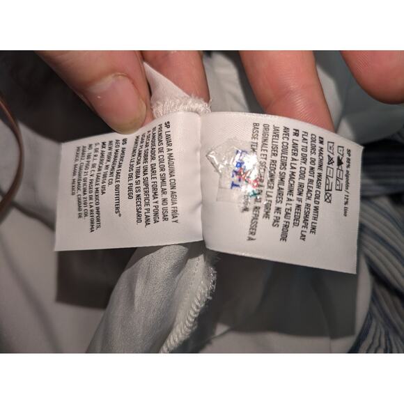 American Eagle Linen Blend Mini Dress Sz‎ Small Smocked Tiered Ruffle White Blue - Picture 9 of 14